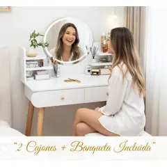MOVI - Tocador de Maquillaje con Luz LED, 2 Cajones y Asiento Incluido - Mesa de Peinado y Vanity Moderna con Espejo Iluminado
