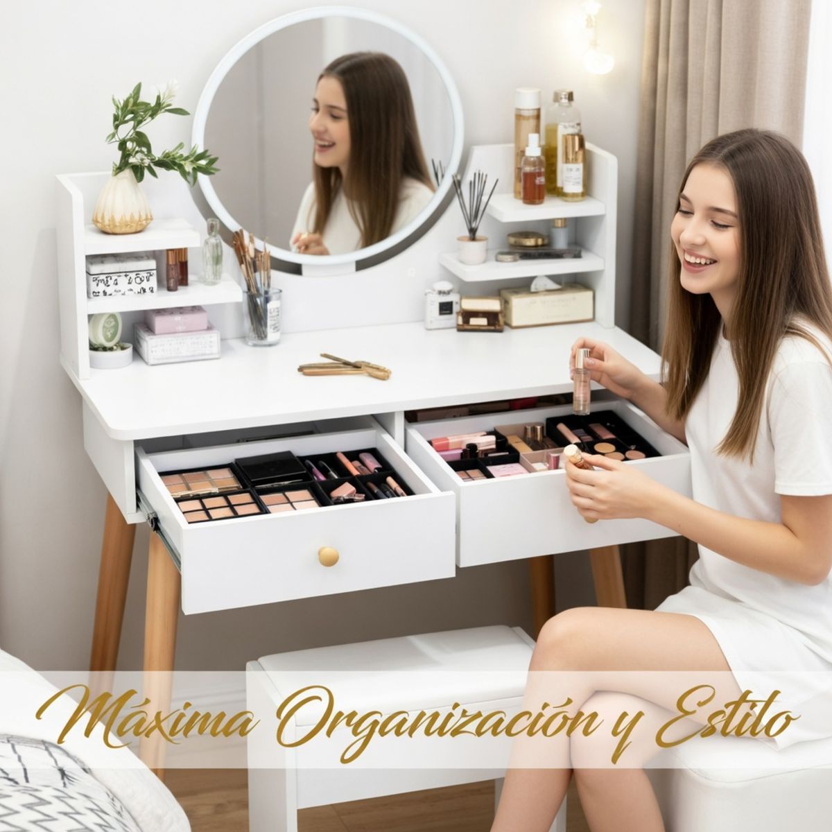 MOVI - Tocador de Maquillaje con Luz LED, 2 Cajones y Asiento Incluido