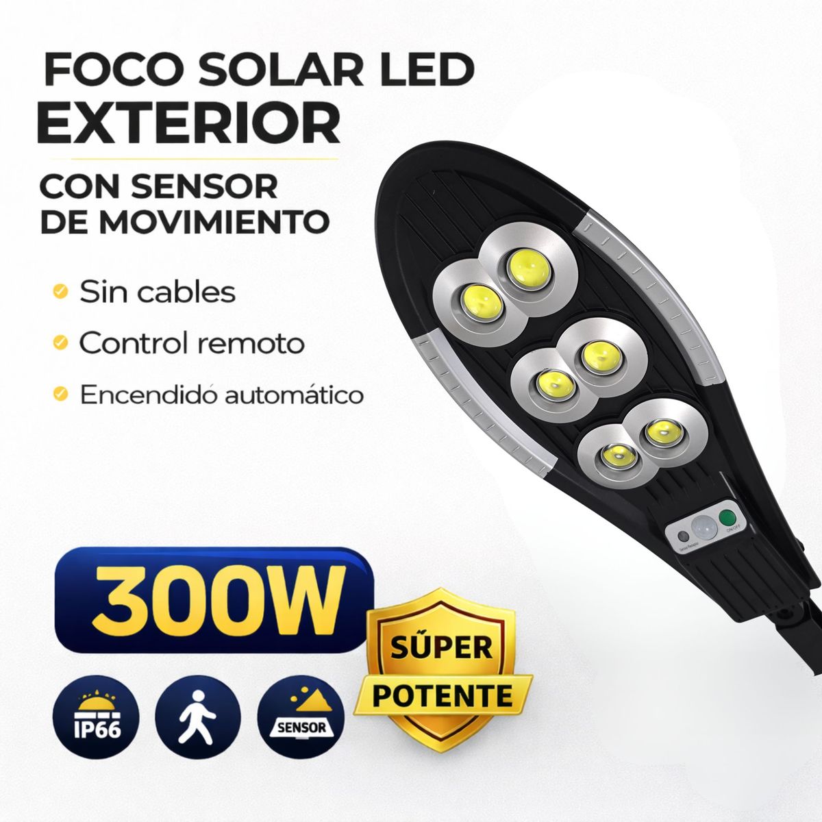 BAZUCA - Foco Solar Led 300w Exterior Sensor Movimiento Ip66 Reflector Alta Potencia Patio Jardín Parcela
