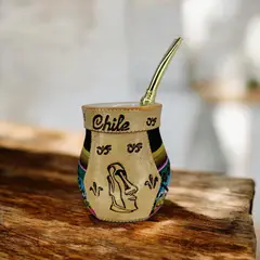 GENERICO - Mate Ceramica 120 ml Con Aguayo y Cuero Mediano Mas Bombilla