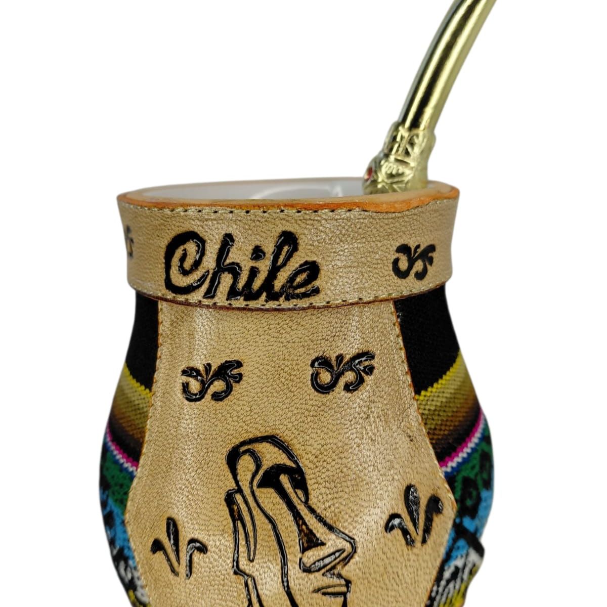 GENERICO - Mate Ceramica 120 ml Con Aguayo y Cuero Mediano Mas Bombilla
