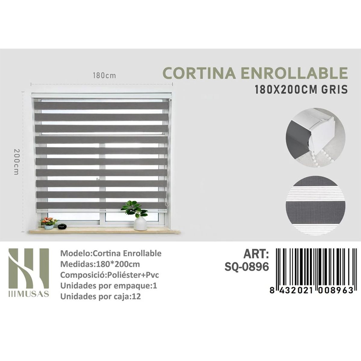GENERICO - Cortina Roller Duo Lisa  180 x 200 color   gris