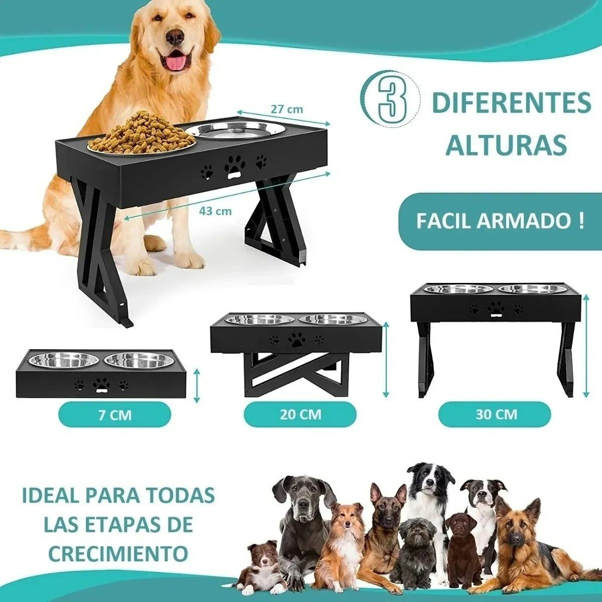 GENERICO - Comedero-bebedero Para Perros Altura Ajustable - Plato Acero Plateado BELUG