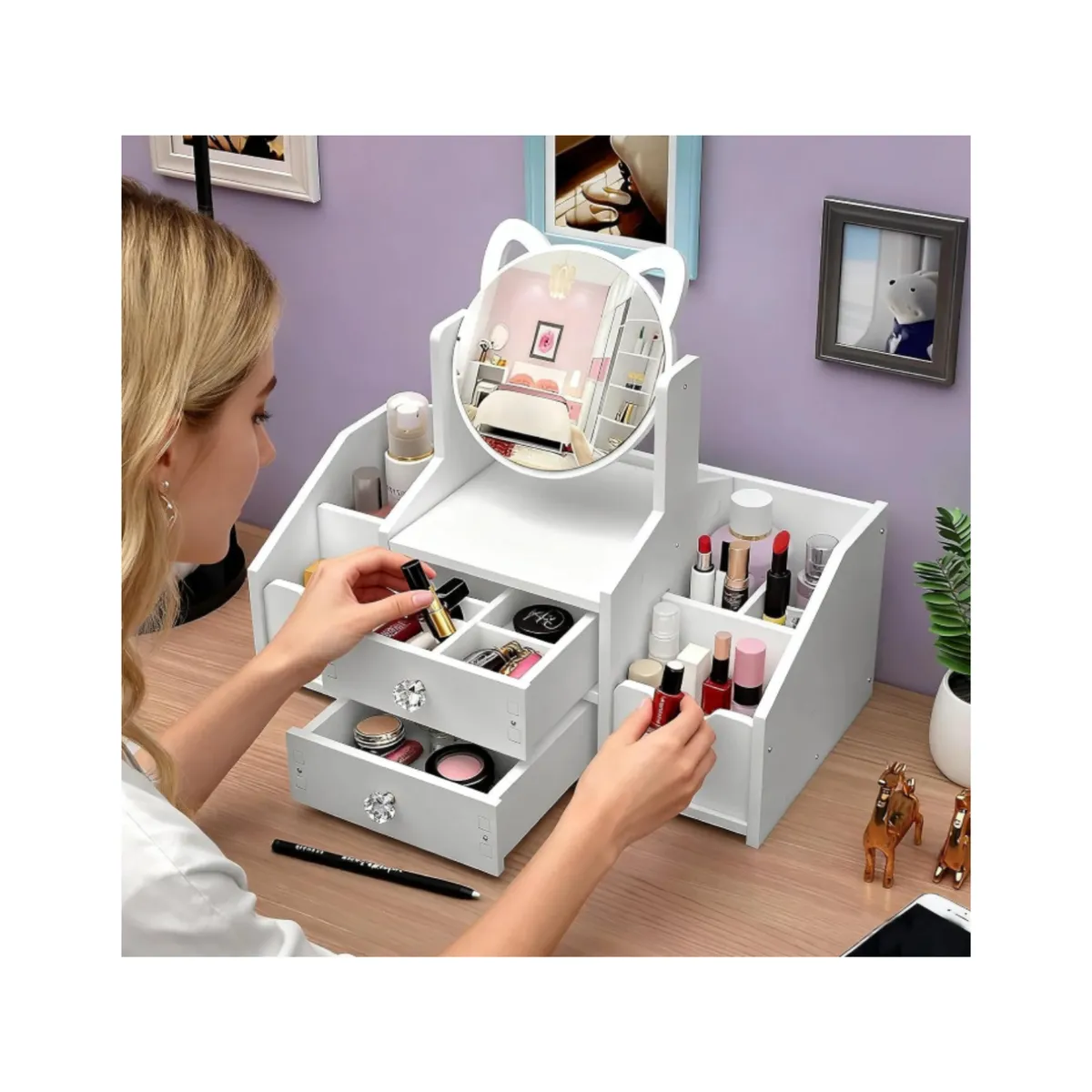 GENERICO - Organizador De Maquillaje Con Espejo Orejitas Y Cajones Tipo Tocador