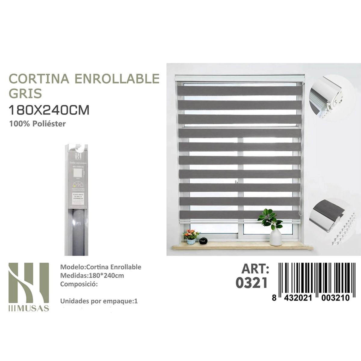 GENERICO - Cortina Roller Duo Lisa  180 x 240 color gris