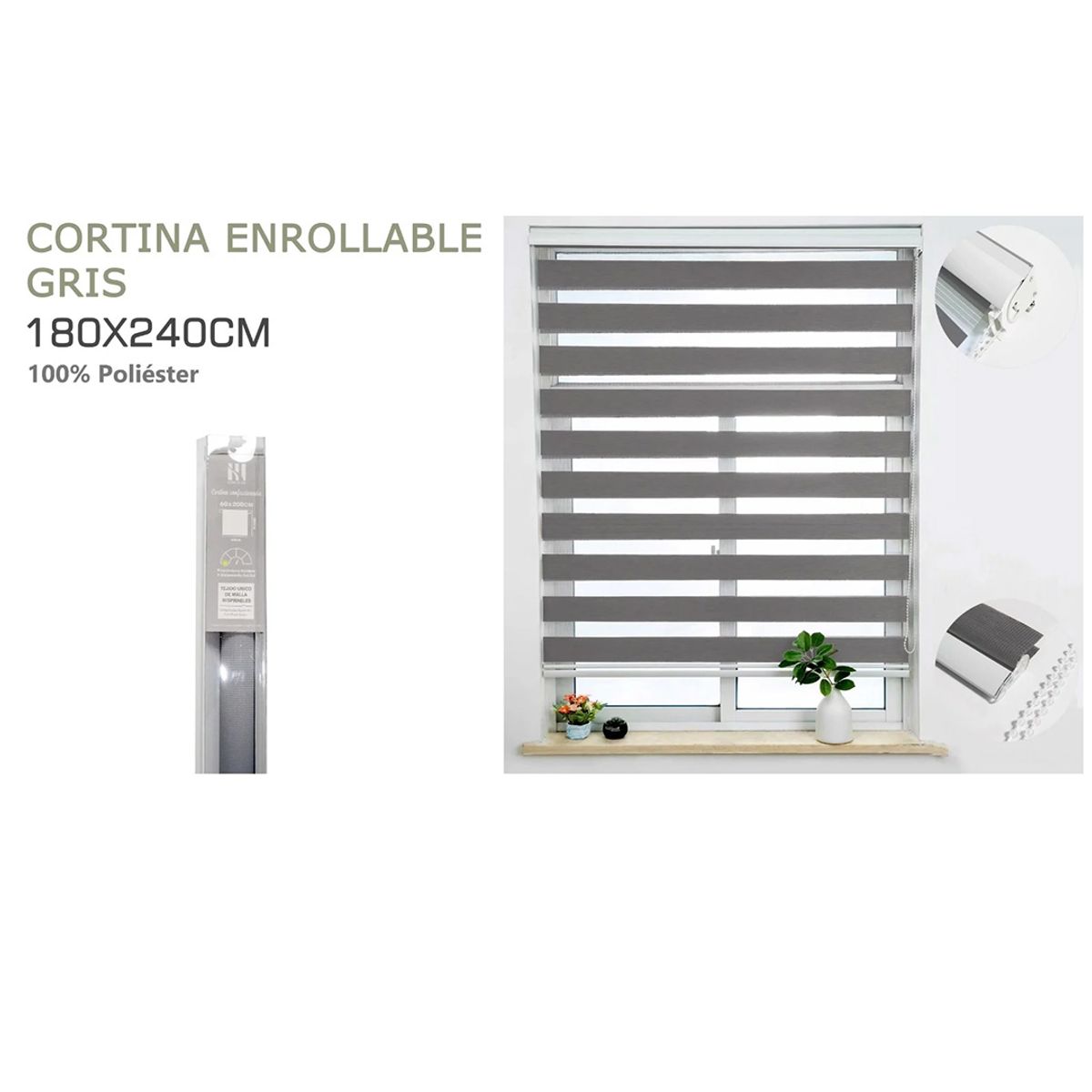 GENERICO - Cortina Roller Duo Lisa  180 x 240 color gris