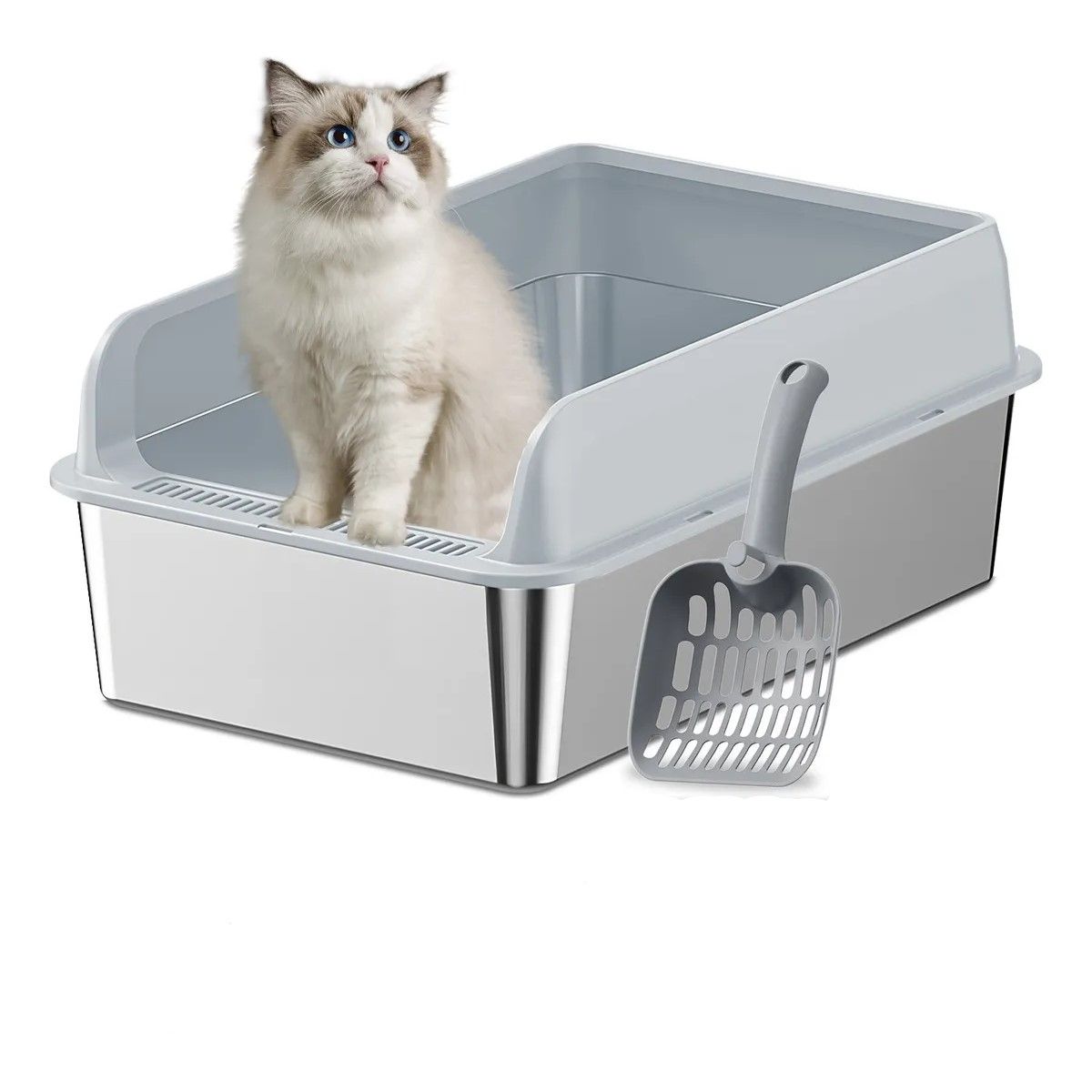 GENERICO - Arenero Gatos Grande Baño Sanitario Acero Inox Con Pala Gris BELUG