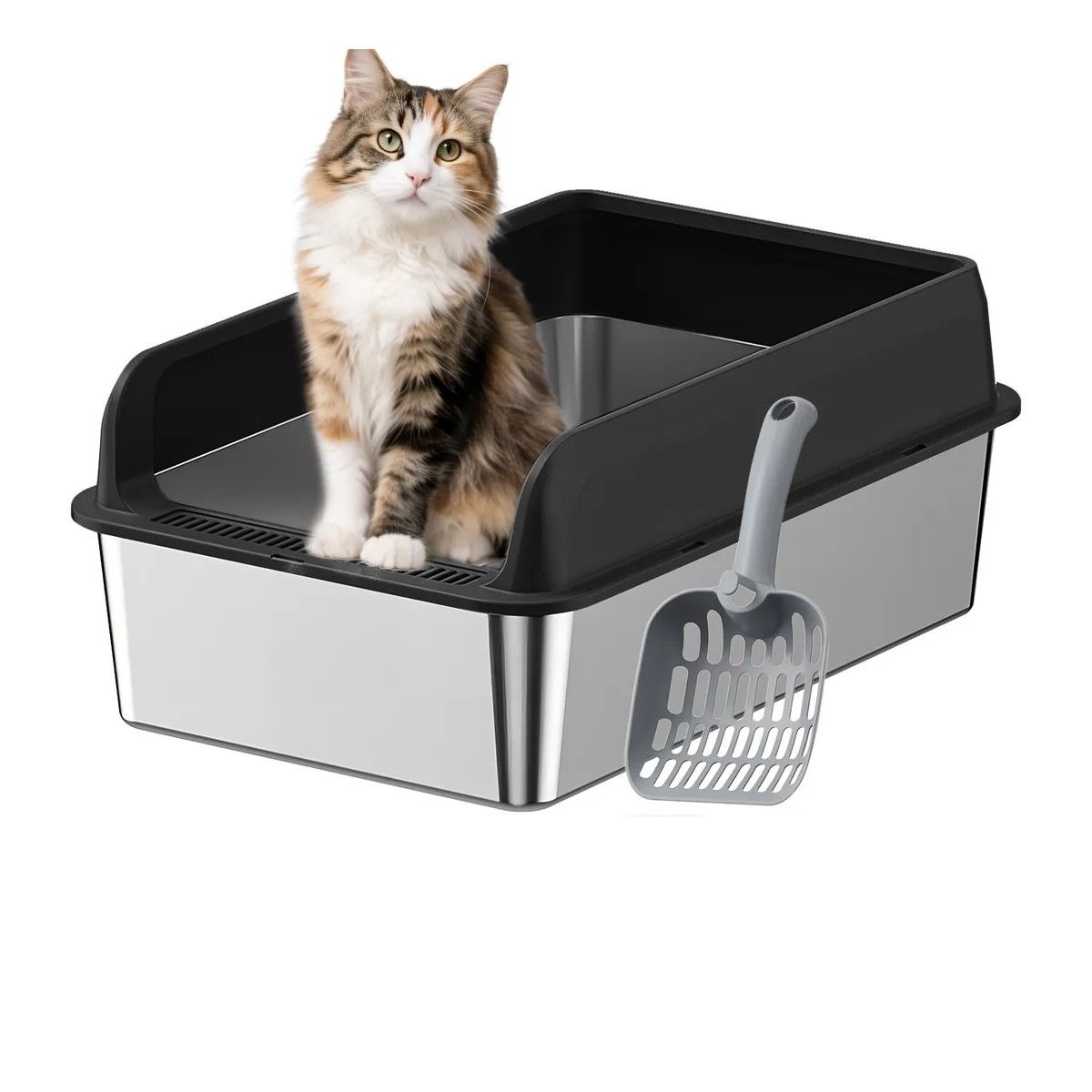 GENERICO - Arenero Gatos Grande Michis Baño Sanitario Acero Inox Con Pala Color Negro BELUG