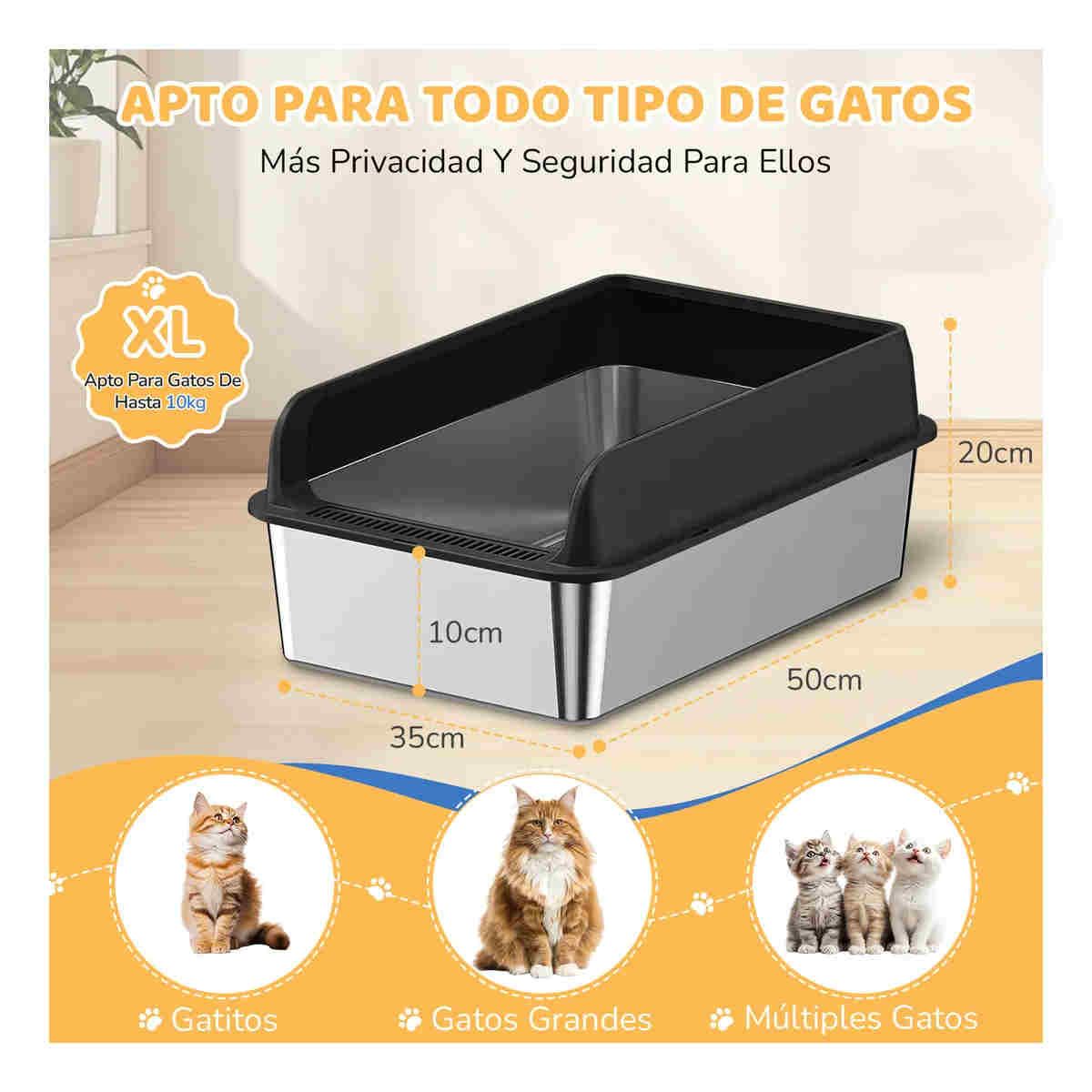 GENERICO - Arenero Gatos Grande Michis Baño Sanitario Acero Inox Con Pala Color Negro BELUG