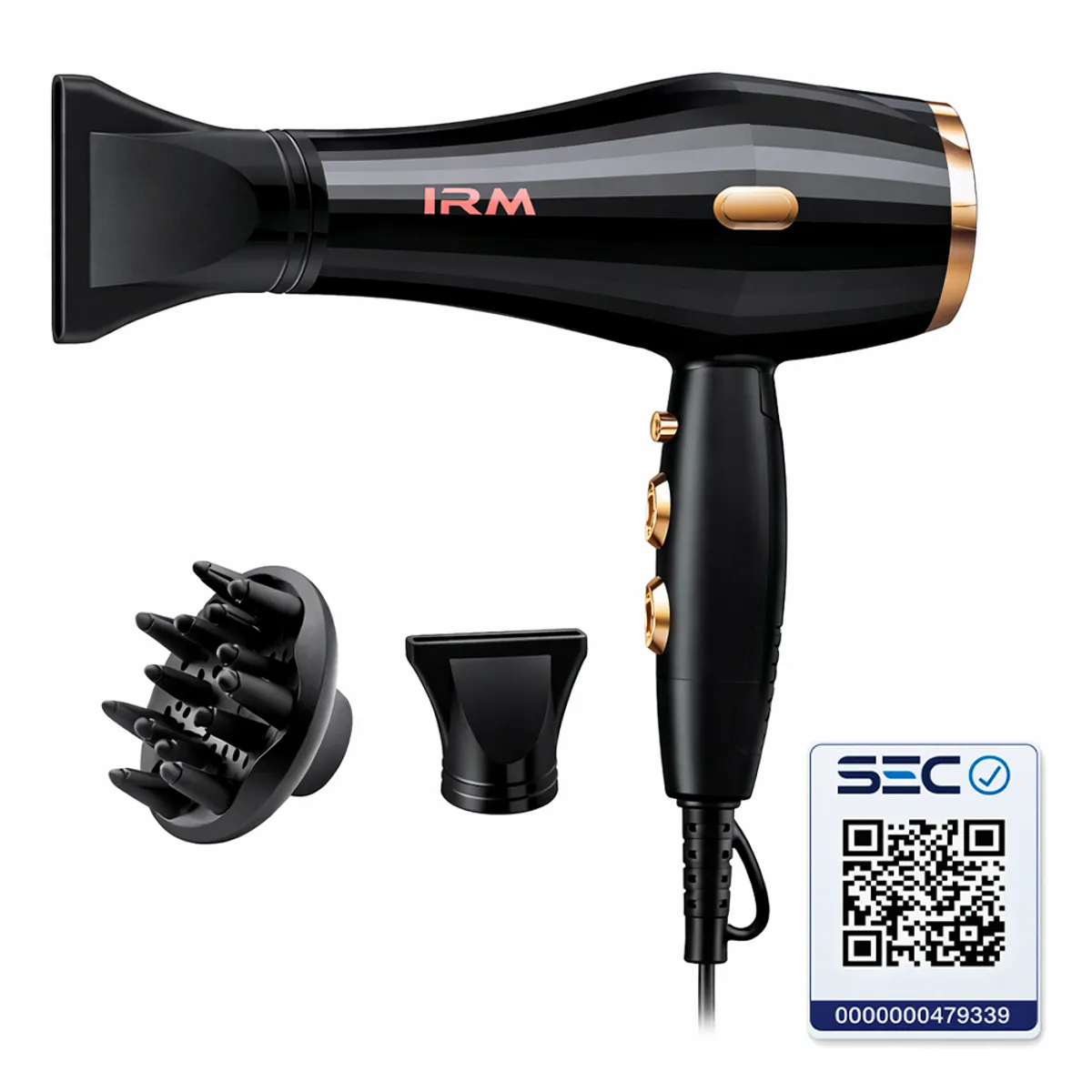 IRM - Secador De Cabello Profesional 5000w Certificado SEC con Difusor Color Negro