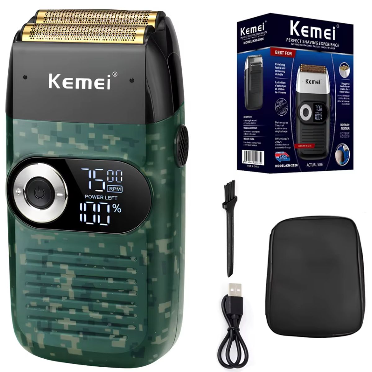 KEMEI - Afeitadora Kemei KM-2027 Dorada Metálica con Pantalla Digital