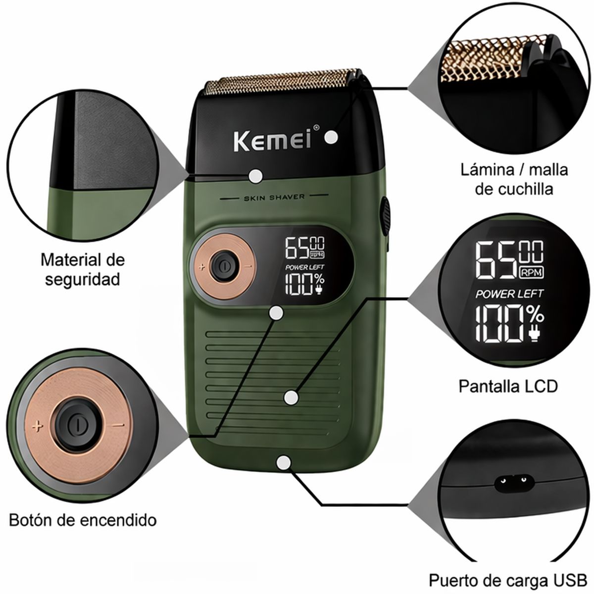 KEMEI - Afeitadora Kemei KM-2027 Dorada Metálica con Pantalla Digital