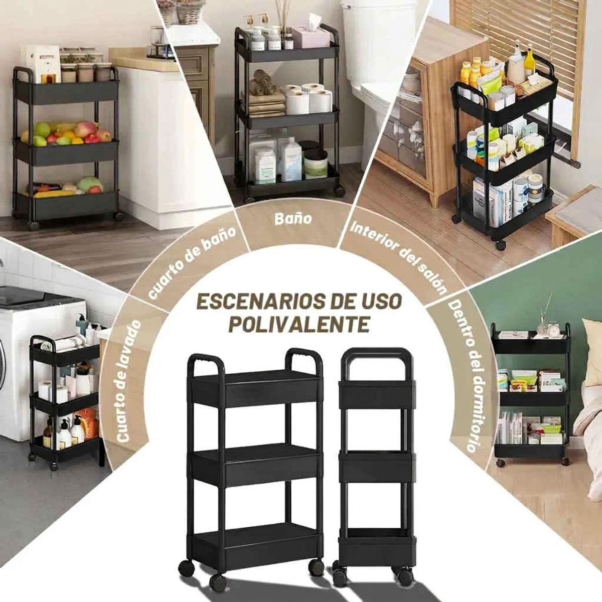 GENERICO - Carrito Organizador Con Ruedas Asas Multiuso 3 Niveles Color Negro