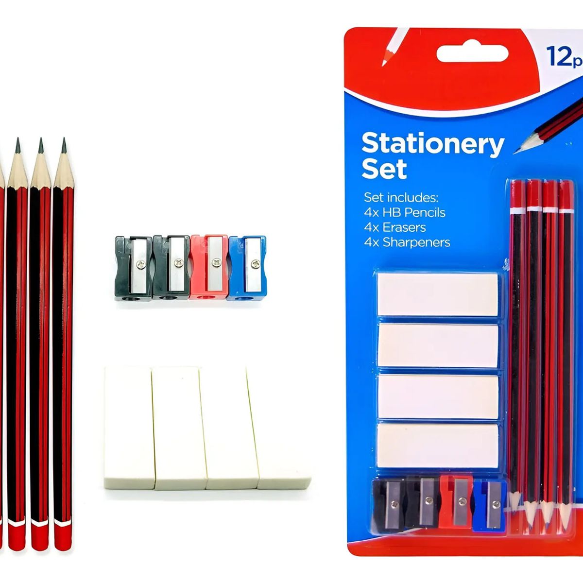 GENERICO - Set 4 Lapiz Grafito 4 Goma Borrador + 4 Sacapuntas 12 Pcs