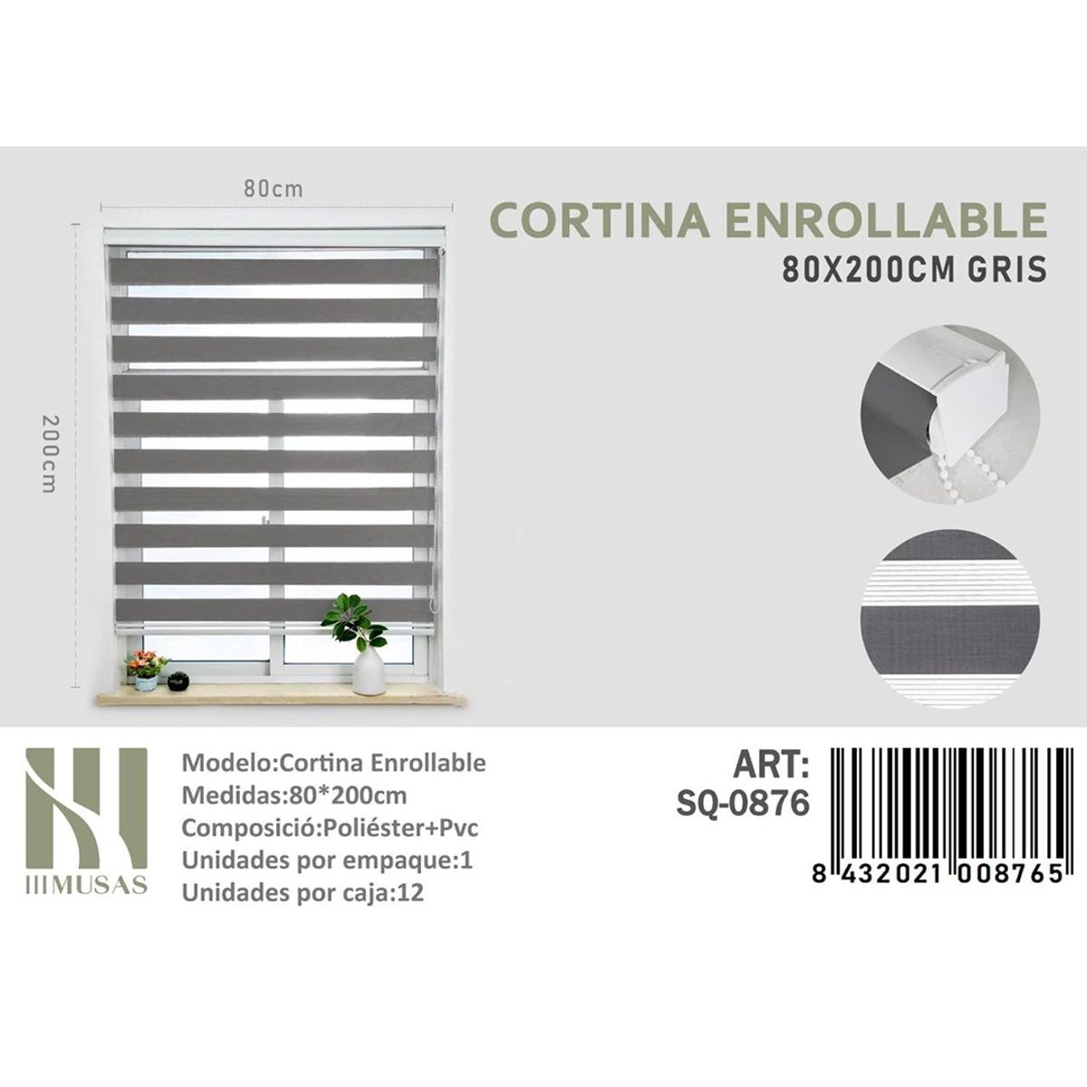GENERICO - Cortina Roller Duo Lisa 80x200 color gris
