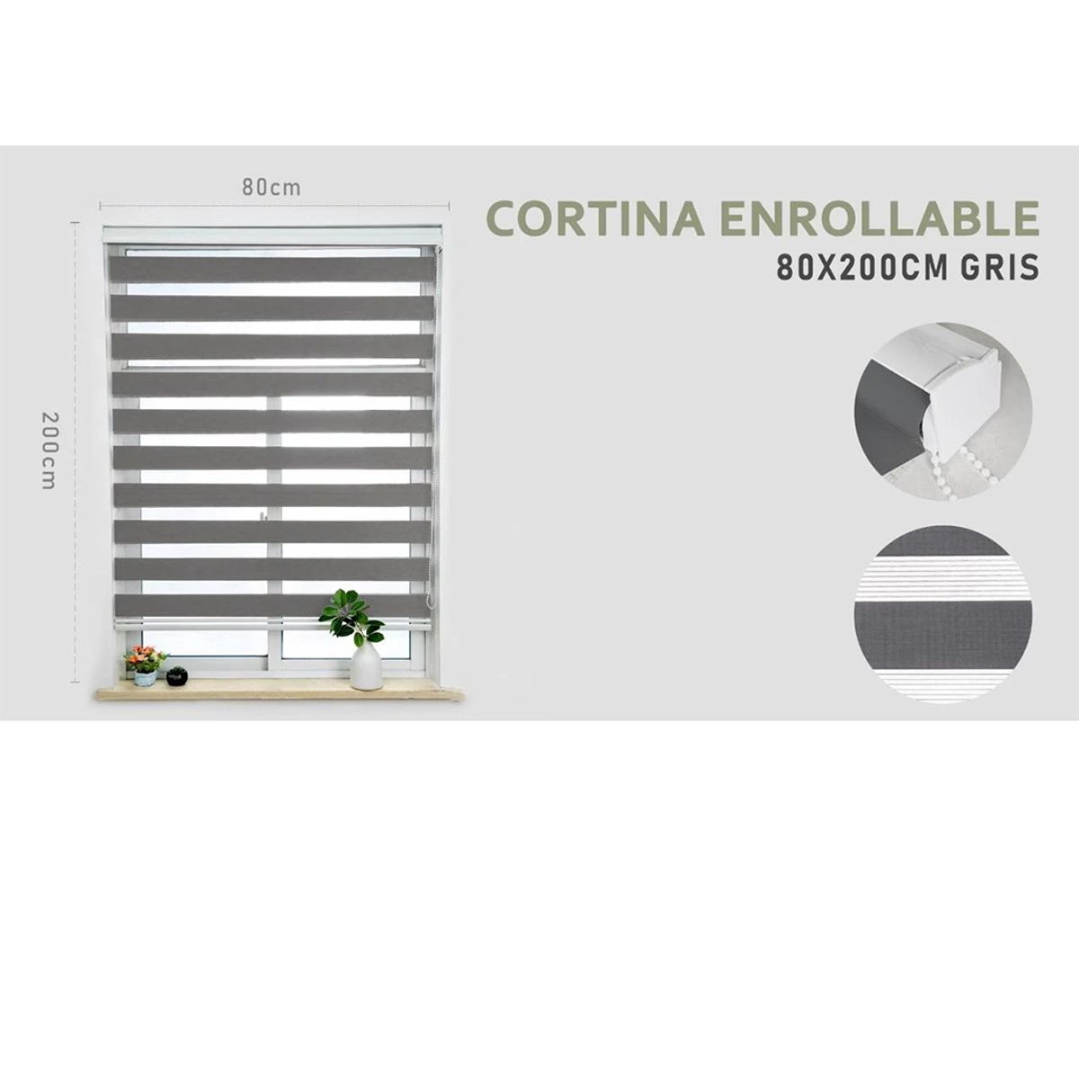GENERICO - Cortina Roller Duo Lisa 80x200 color gris