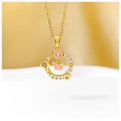 ZG JOYAS - Collar Colgante Corazón Mariposa Rosado Galvanizado En Oro