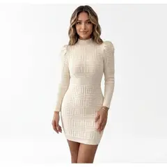 HAMI BOUTIQUE - Vestido Mini de Punto Acanalado Beige Invierno - Cuello Semialto y Mangas