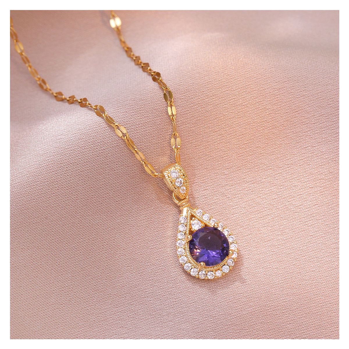 ZG JOYAS - Collar Colgante Gota Esplendor Púrpura Galvanizado En Oro 14