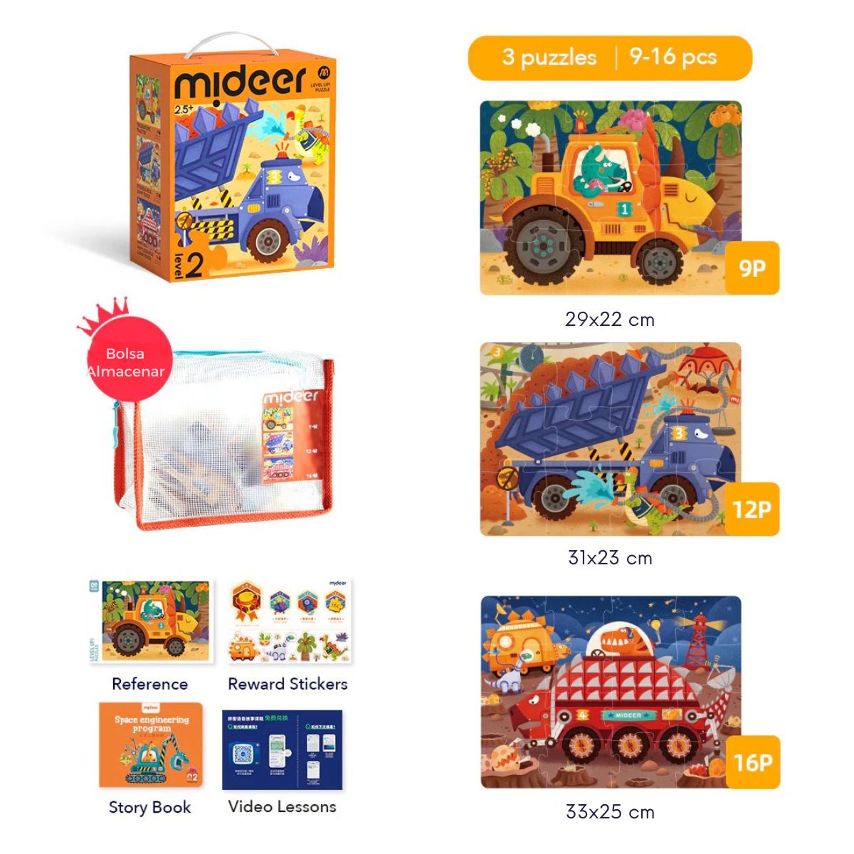 MIDEER - Mideer Puzzle Progresivo Dinosaurios Constructores Nivel 2 3 en 1