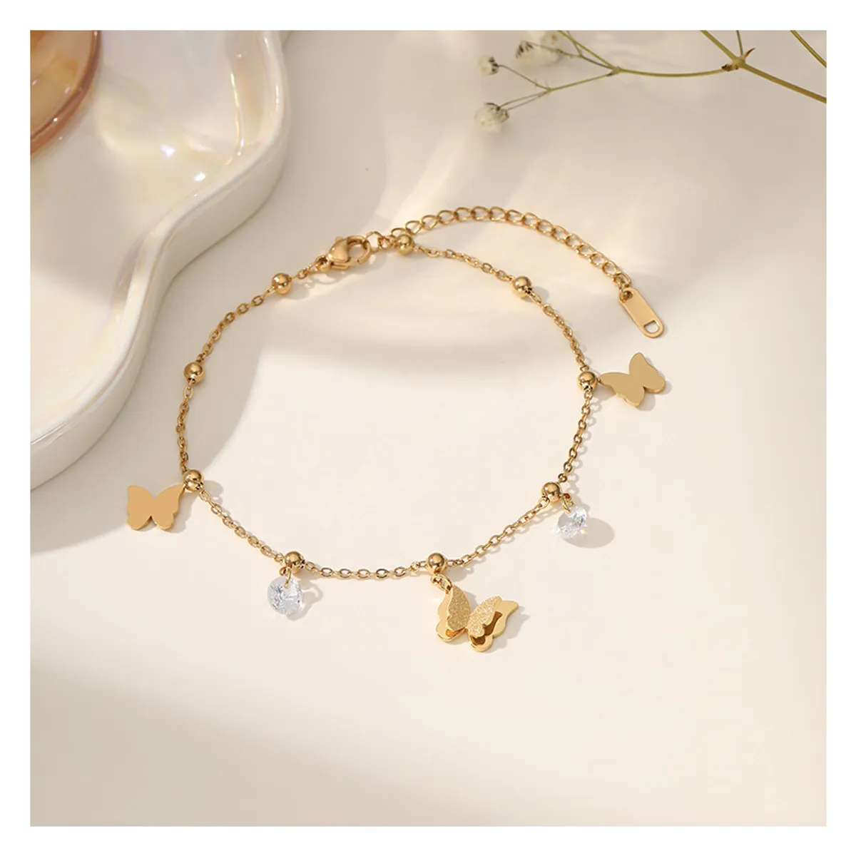 ZG JOYAS - Tobillera Dorada Mariposa Y Zircones Galvanizado En Oro 14k
