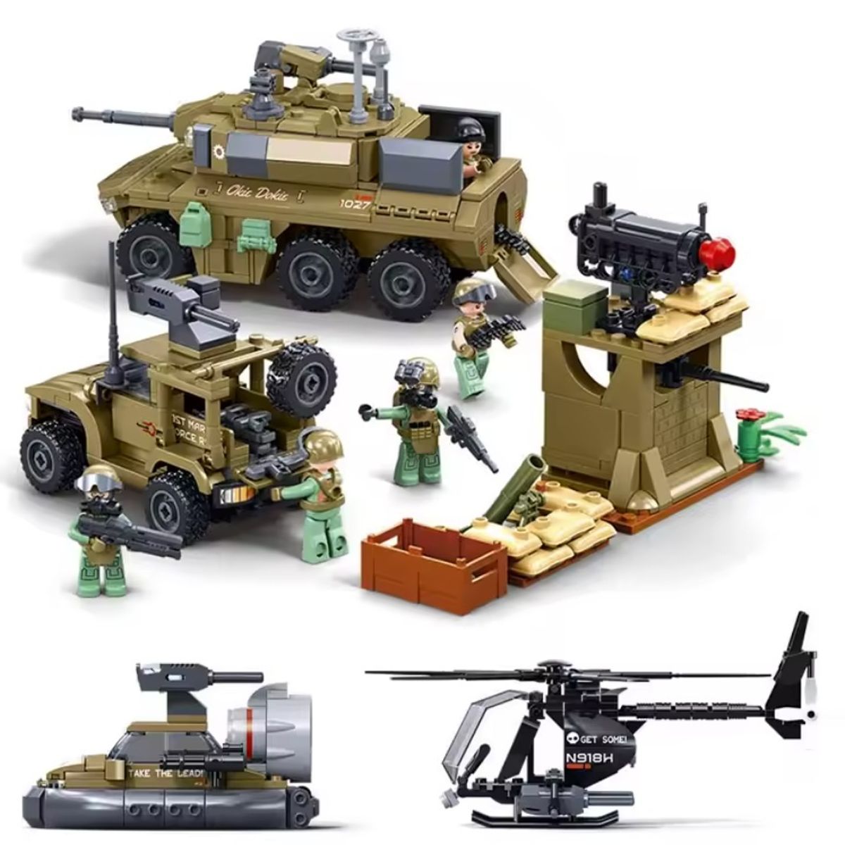 SLUBAN - Set Soldados+Tanque+Jeep JLTV+Helicoptero +Bote, Compatible Lego