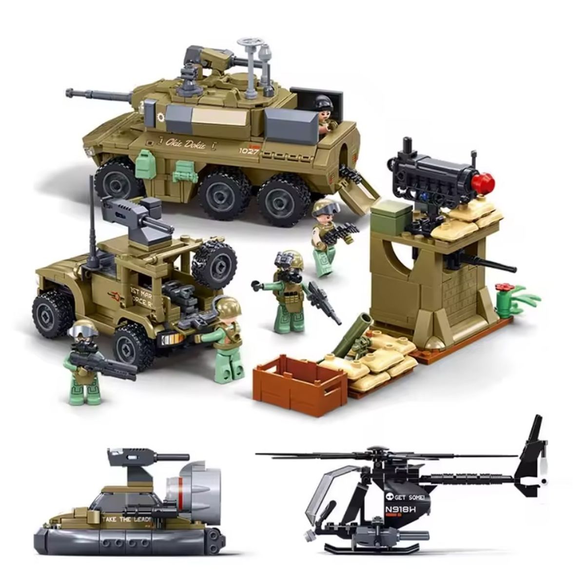 SLUBAN - Set Soldados+Tanque+Jeep JLTV+Helicoptero +Bote, Compatible Lego