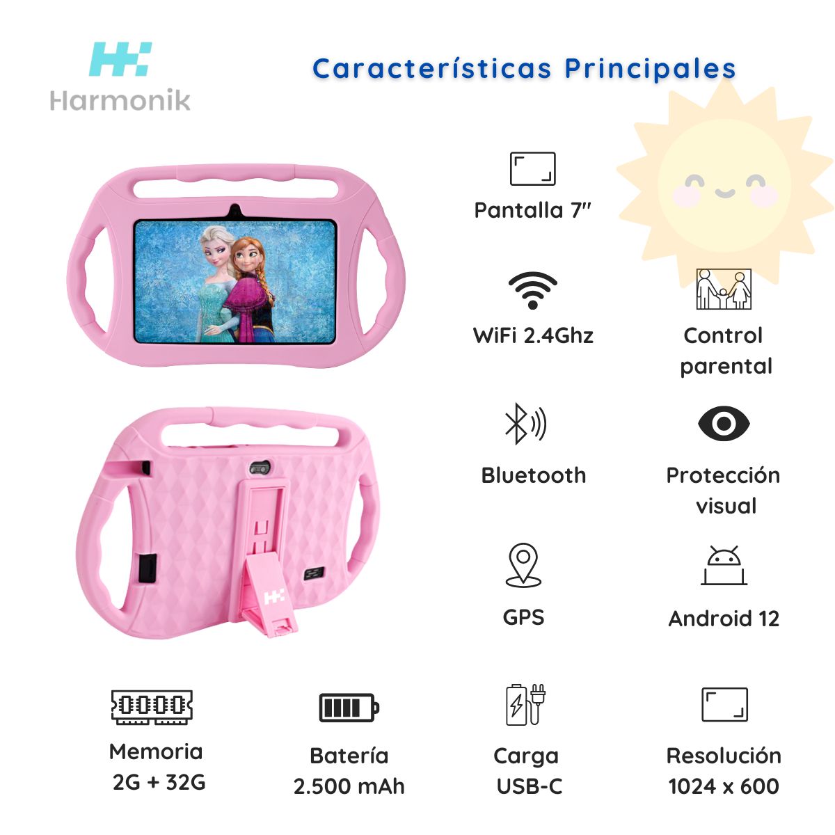 HARMONIK - Tablet para Niños 7 Pulg. WiFi Playstore Control Parental Funda Flexible Color Rosa