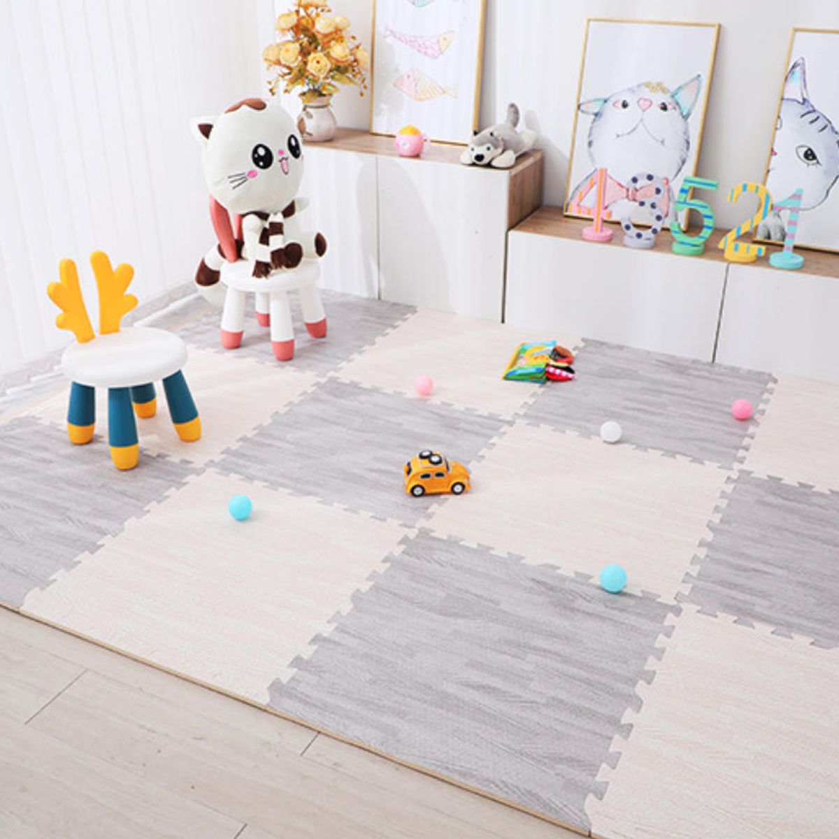 KINDA NICE - Pack 4 Alfombrillas Goma Eva Tipo Madera 60x60cm -antigolpes