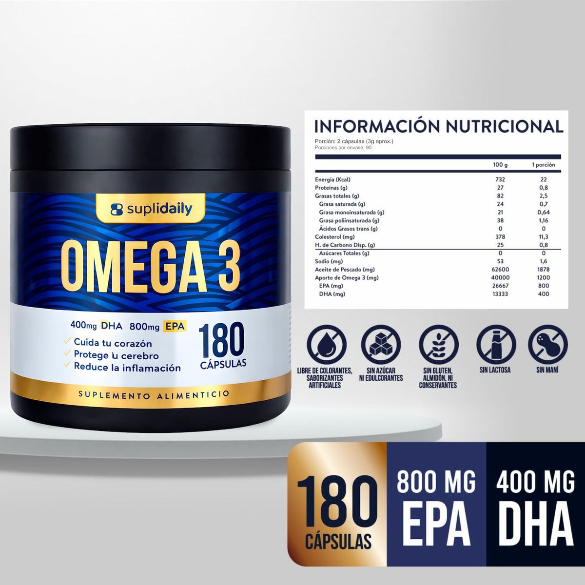 SUPLIDAILY - Omega 3 800 EPA 400 DHA 180 cap alta pureza