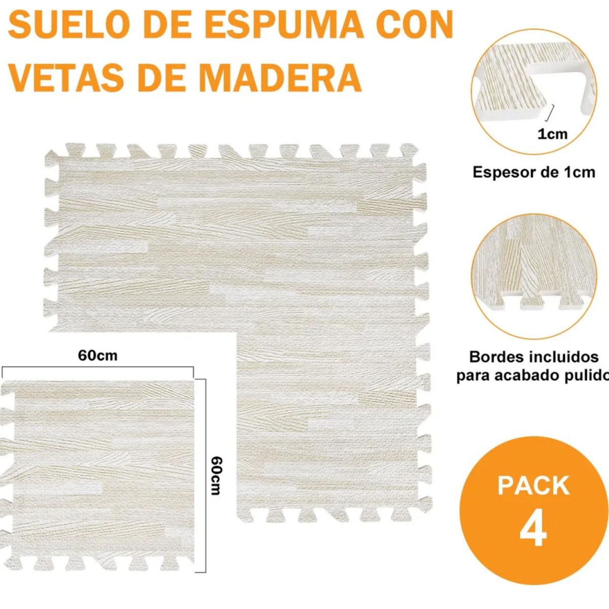 KINDA NICE - Pack 4 Alfombrillas Goma Eva Tipo Madera 60x60cm -antigolpes