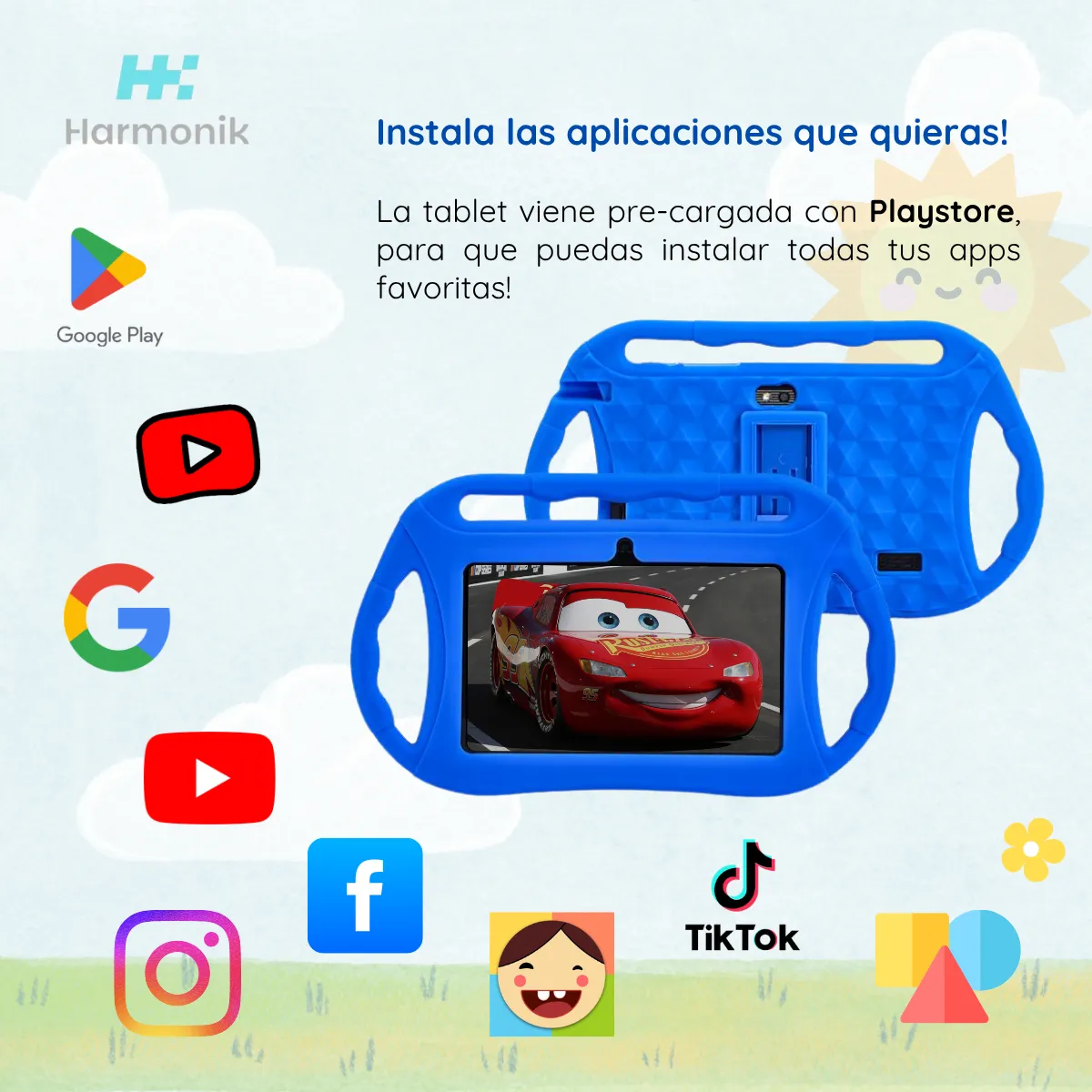 HARMONIK - Tablet para Niños 7 Pulg. WiFi Playstore Control Parental Funda Flexible Color Azul