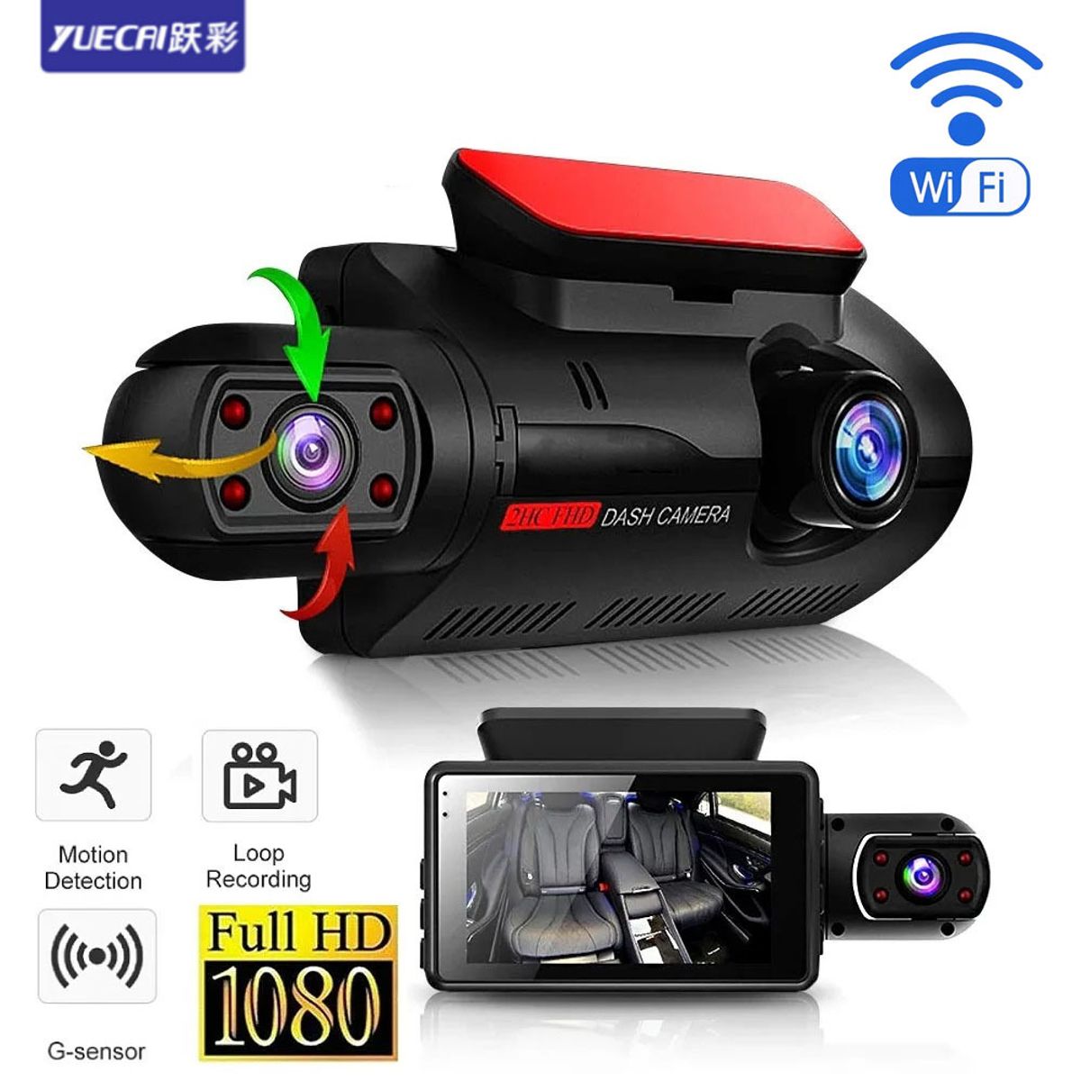 PUREPOWER - Dash CAM Con WIFI Full HD Dual Dashboard Car Camera, 170 Wide Angle Video Recorder