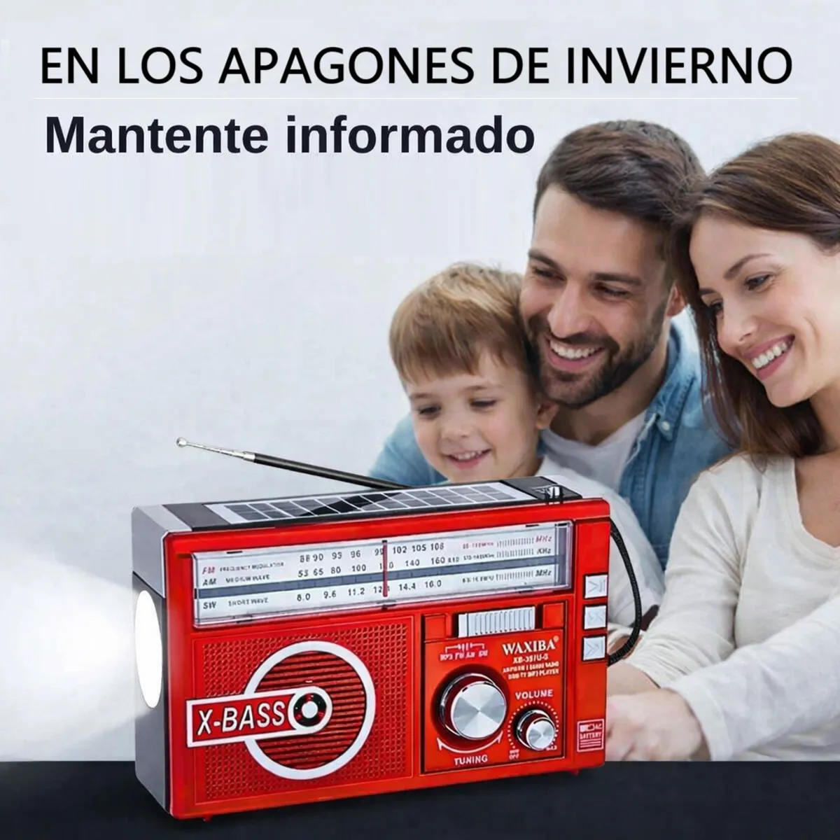 MOVI - Radio Portátil Solar AMFMSW con Linterna LED  Recargable USB, Ideal para Emergencias y Camping