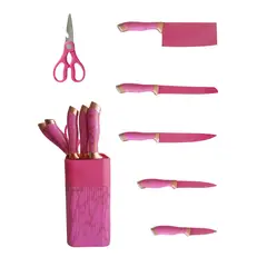 YOLIKITCHEN - Juego de Cuchillos de Cocina 7pz Alta Gama Antiadherente con Soporte Mango Dorado