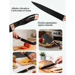 YOLIKITCHEN - Juego de Cuchillos de Cocina 7pz Alta Gama Antiadherente con Soporte Mango Dorado