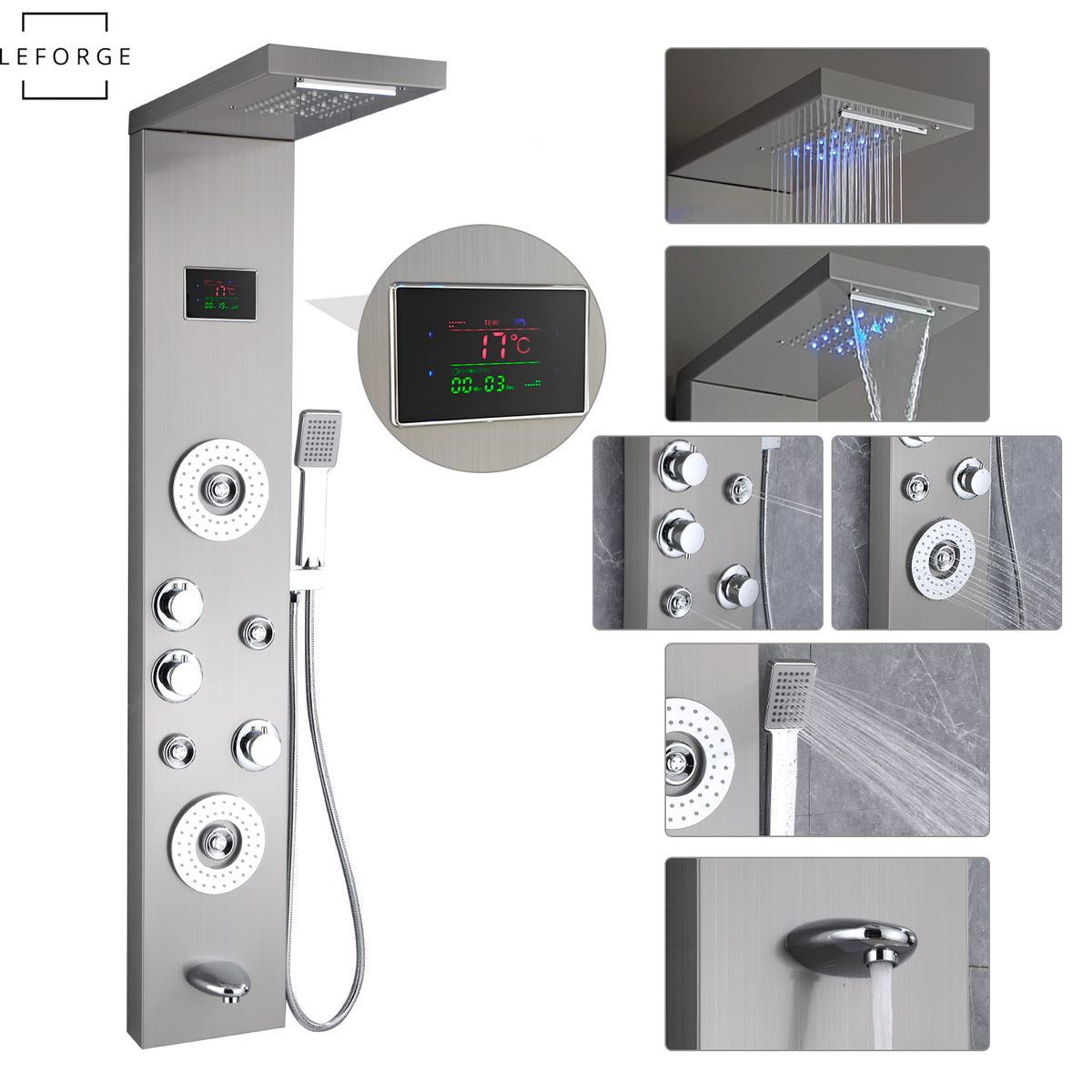 LEFORGE BAIN - Columna De Ducha Panel Digital 6 Funciones 125x22cm 6 Jets