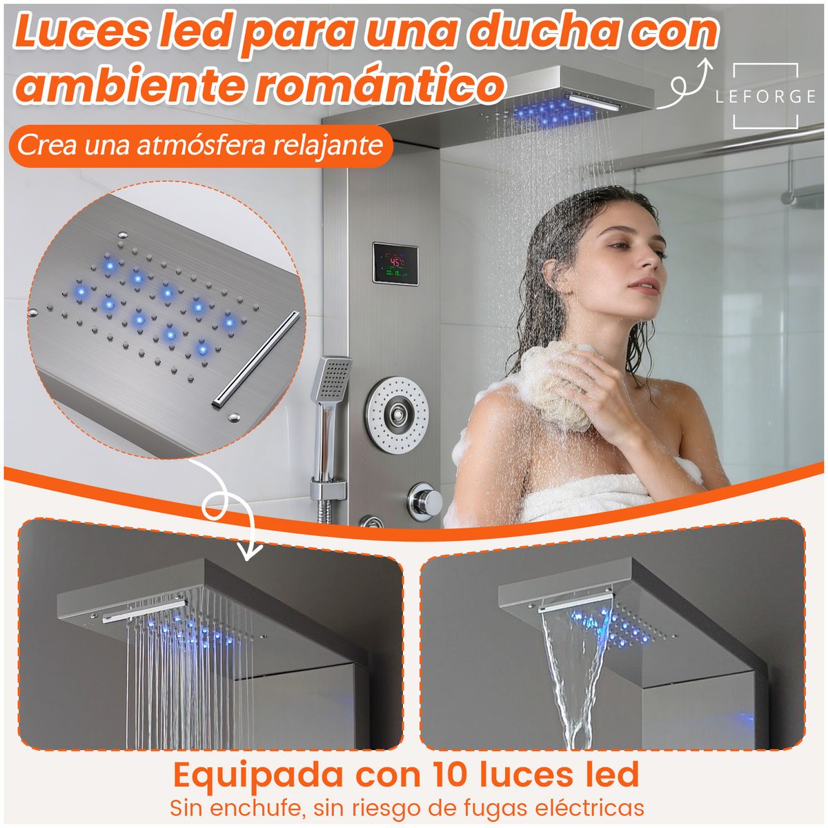 LEFORGE BAIN - Columna De Ducha Panel Digital 6 Funciones 125x22cm 6 Jets