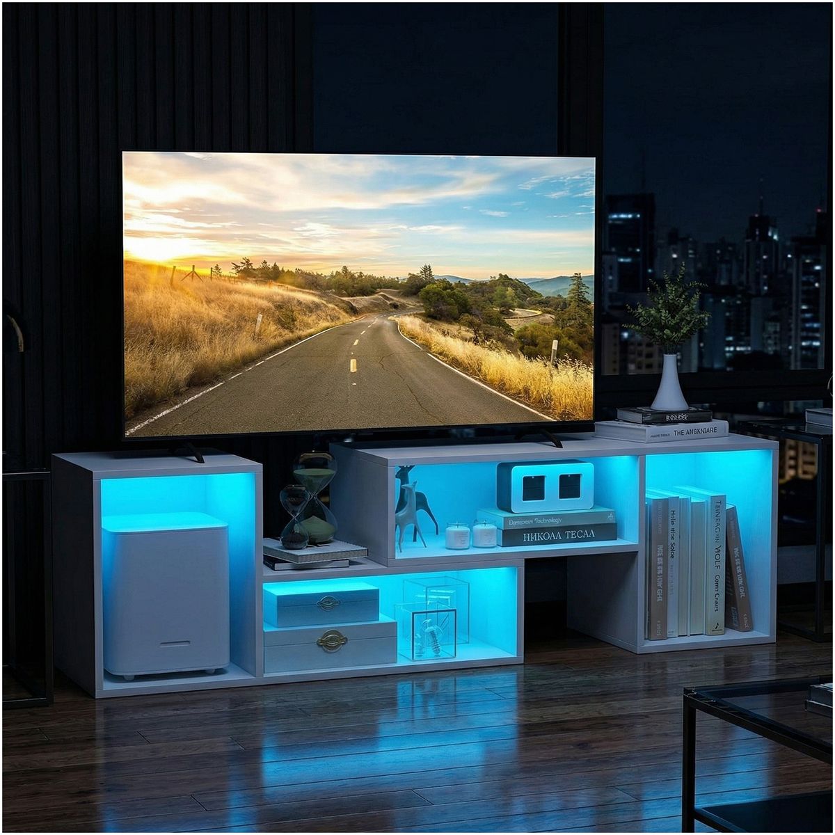ROHE - Rack TV 55” 145x35x49cm Extensible con Luz RGB Blanco