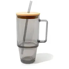 WAKESHOME - Vaso De Vidrio Con Tapa Bambu y Bombilla 700ml