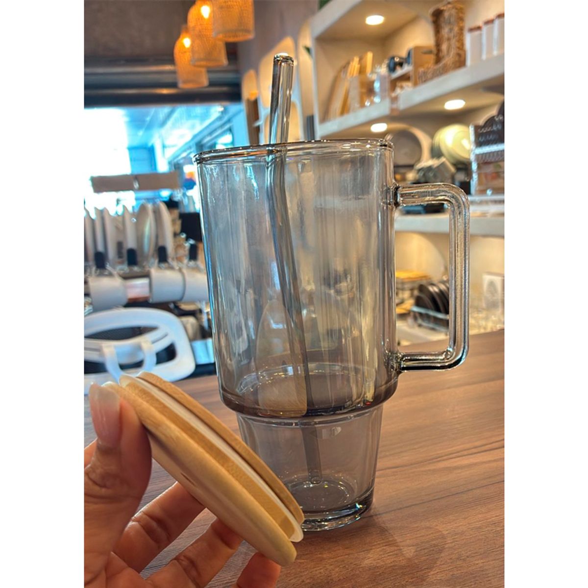 WAKESHOME - Vaso De Vidrio Con Tapa Bambu y Bombilla 700ml