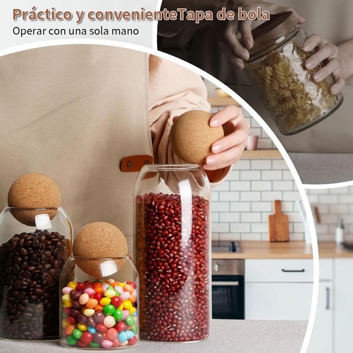 GENERICO - Pack 3 Botellas Frasco Vidrio Corcho Transparente Con Bola recipiente de cocina
