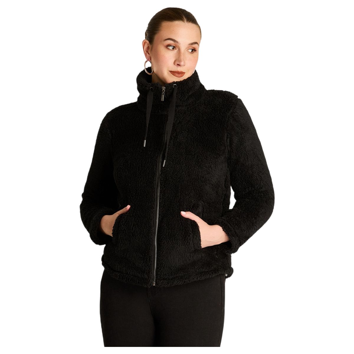 LORENZO DI PONTTI - Polerón Coral Fleece Mujer Full Zipper Efecto Piel Negro