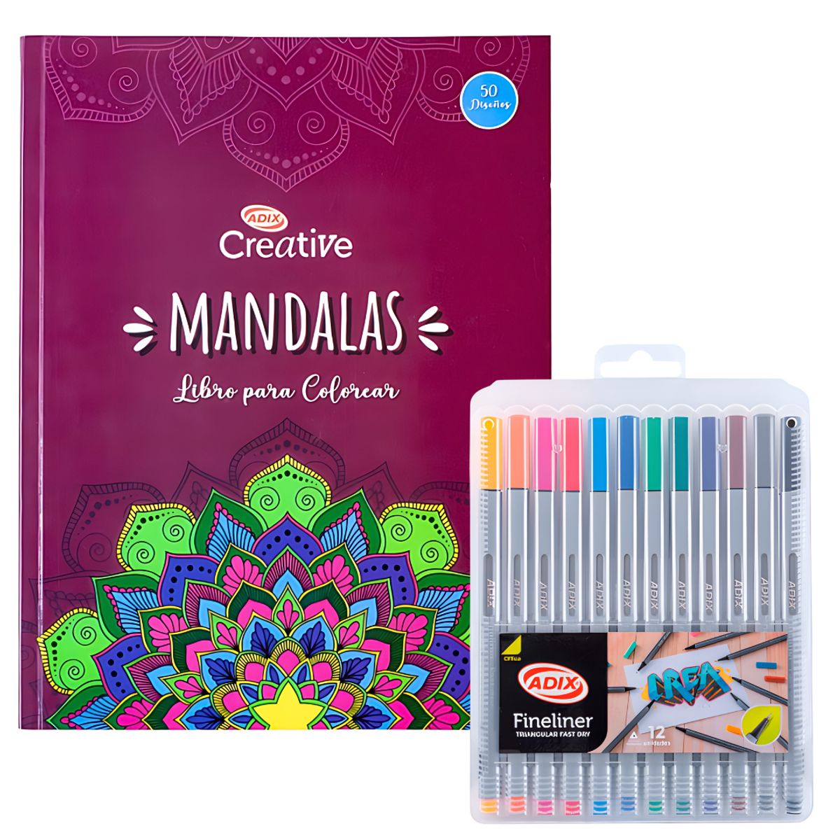 ADIX - Libro De Mándalas + 12 Lápices Fineliner Adix 0.4 Mm Colores