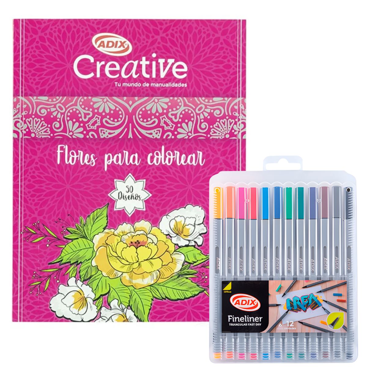 ADIX - Libro Mándala Flores + 12 Lápices Fineliner Adix 0.4 Mm