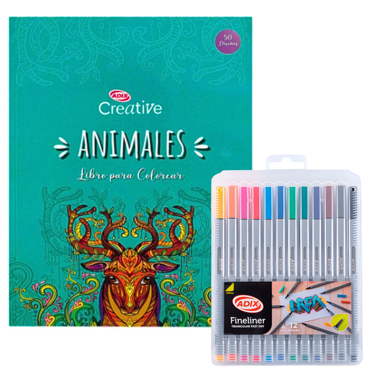 ADIX - Libro Mándala Animales + 12 Lápices Fineliner Adix 0.4 Mm