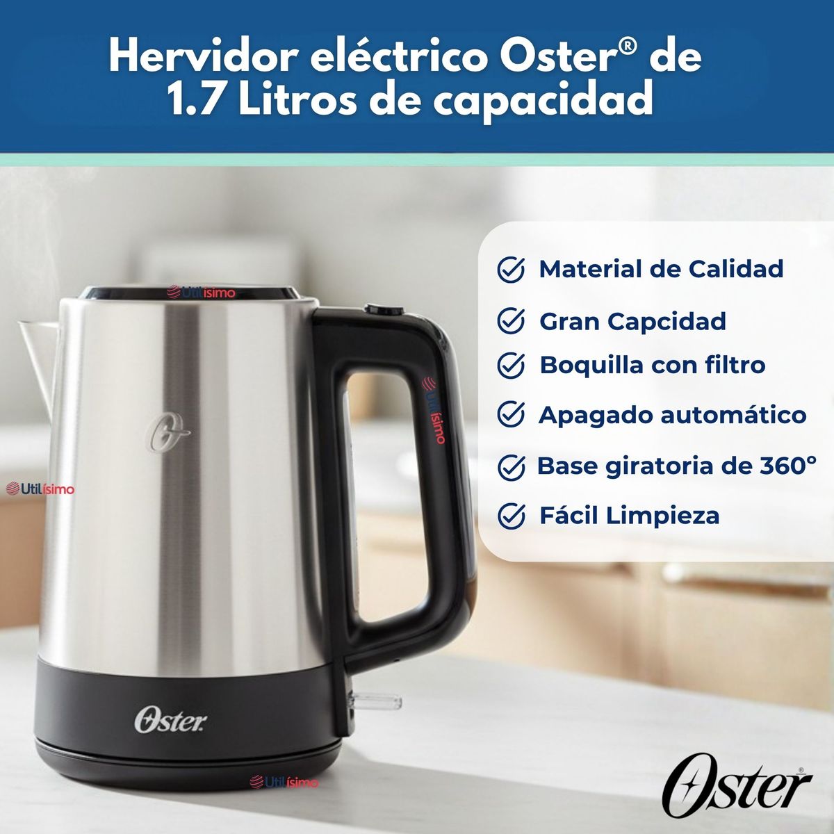 OSTER - Hervidor eléctrico Oster® de acero inoxidable 1.7 lt BVSTKE671