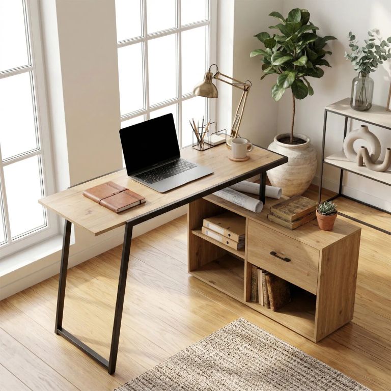 Escritorio Bilai Con Estantes y Cajon Estilo Industrial Cafe y Negro Madera clara