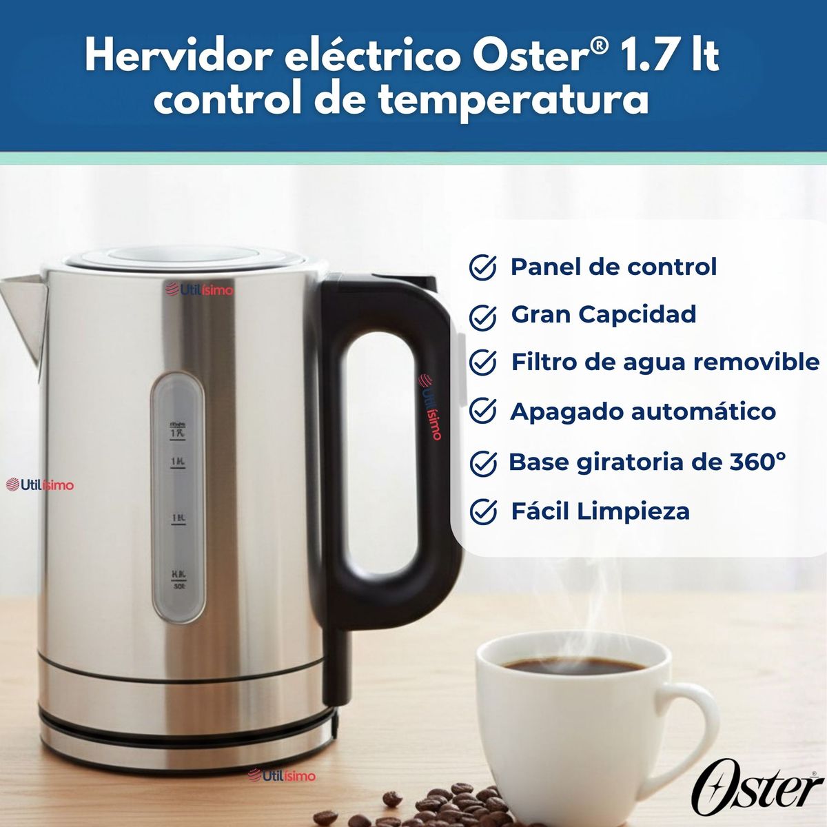 OSTER - Hervidor eléctrico Oster® 1.7 lt control de temperatura BVSTKT8970