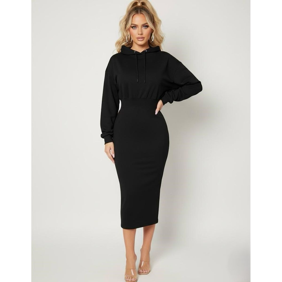 HAMI BOUTIQUE - Vestido Largo Tipo Polerón Negro - Con Capucha y Cintura Ajustada